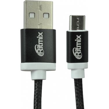 Кабель USB 2.0 A -> micro USB 1,5м, Ritmix RCC-311 black, тканевая оплетка, мет. коннекторы
