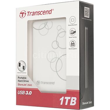 Жесткий диск внешний 1Тb Transcend TS1TSJ25A3W 2.5" USB 3.0 Противоударный, Белый