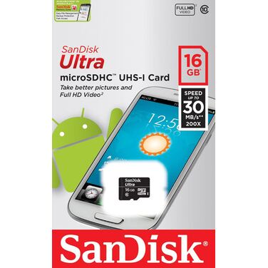 Карта памяти 16Gb SanDisk Ultra microSDHC UHS-I 200x, 30 Мб/с (SDSDQL-016G-R35)