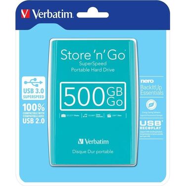 Жесткий диск внешний 500GB Verbatim Store 'n' Go, бирюзовый, 2.5", USB 3.0 (53171)
