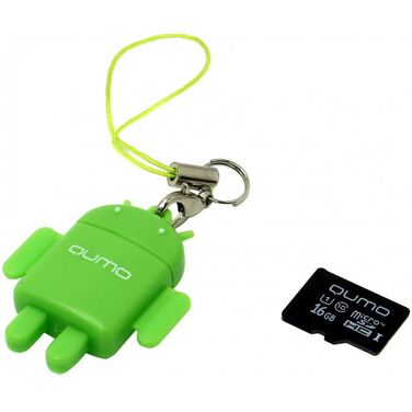 Карта памяти 16Gb QUMO microSDHC class10 + Fundroid зеленый USB Card Reader (QM16GCR-MSD10-FD-GRN)