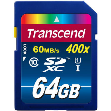 Карта памяти 64Gb Transcend SDXC UHS-I Premium 400x Class 10, 60 МБ/с (TS64GSDU1)