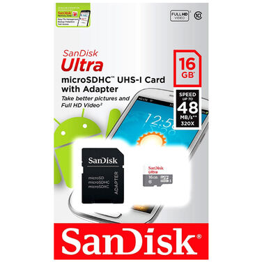 Карта памяти 16Gb SanDisk Ultra microSDHC class 10 UHS-I + adapter SD 48MB/s (SDSQUNB-016G-GN3MA)