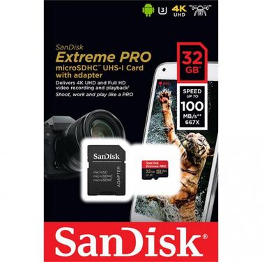 Карта памяти 32Gb SanDisk microSDHC Class 10 UHS-I A1 V30 U3 Extreme + SD адаптер 100MB/s (SDSQXCG-0