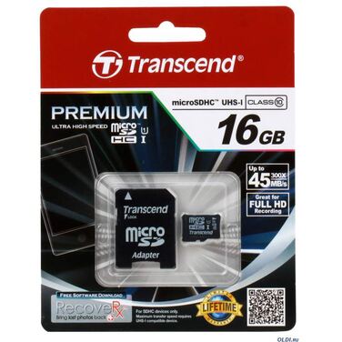 Карта памяти 16Gb Transcend microSDHC UHS-I Premium Class 10 + adapter SD (TS16GUSDU1)