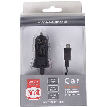 Автомобильное зарядное устройство USB 3Coott 3C-CC-142AB-1USB-1MC, с выходом 5V1A USB AF и кабелем M